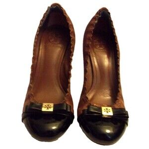 Tory Burch Romy Brown Black Leather Heels Shoes Bow Wood Look Heel Sz. 7 M